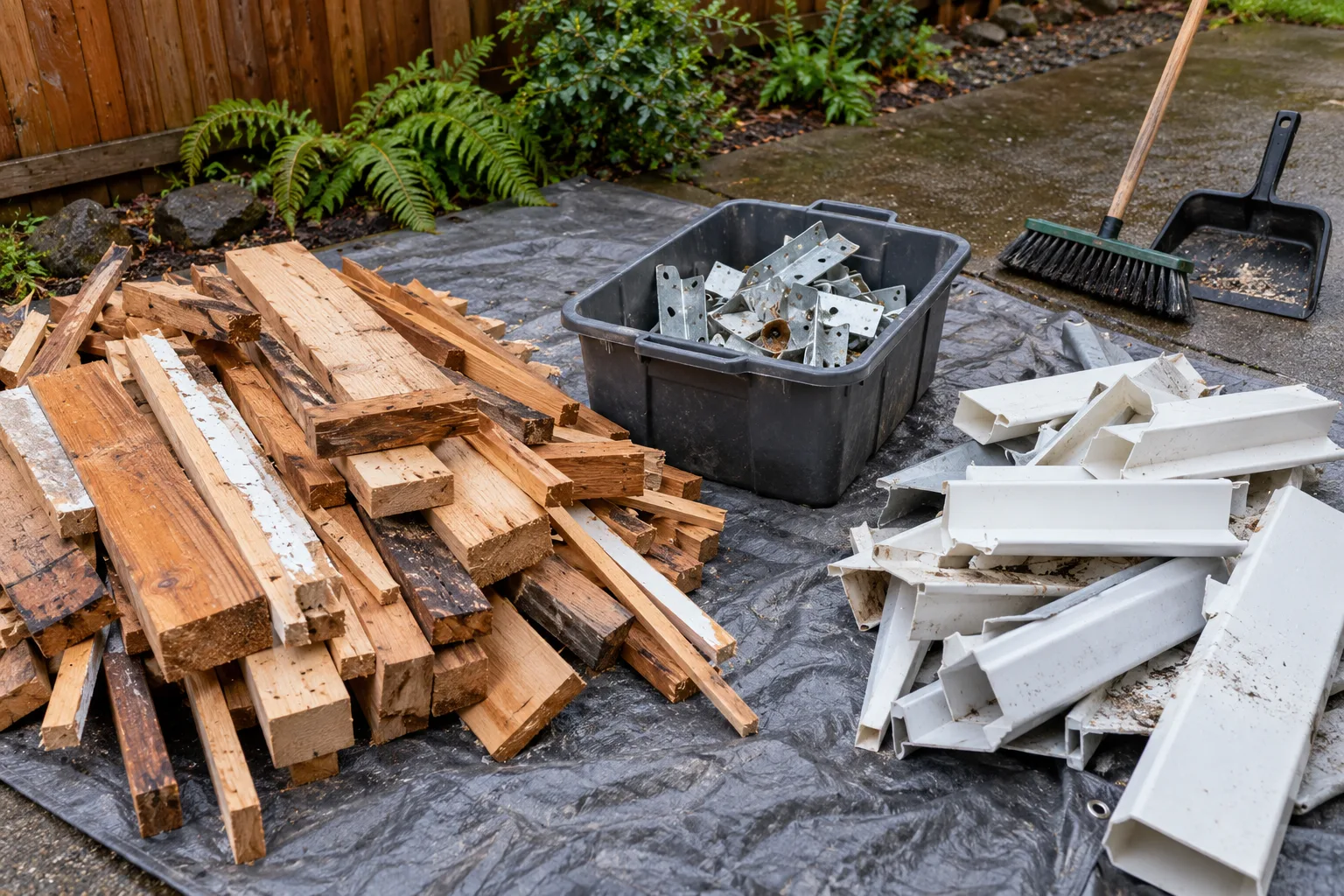 Wood, metal brackets, and rigid plastic sorted on a protective tarp
