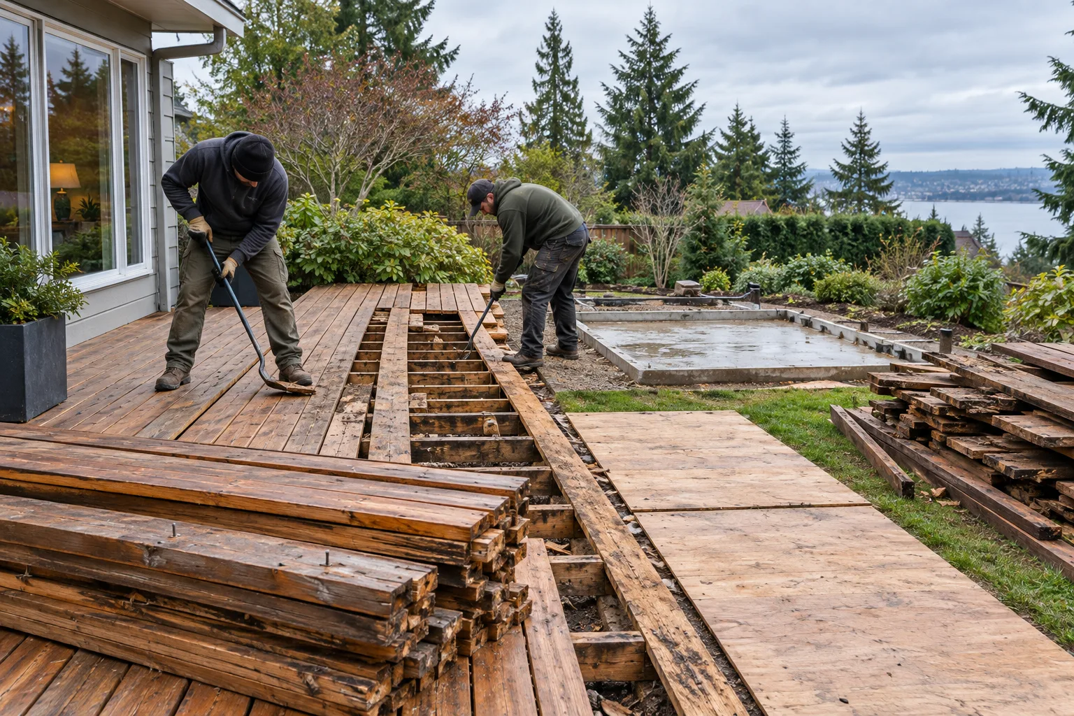 Workers lifting worn cedar deck boards beside an empty hot tub pad