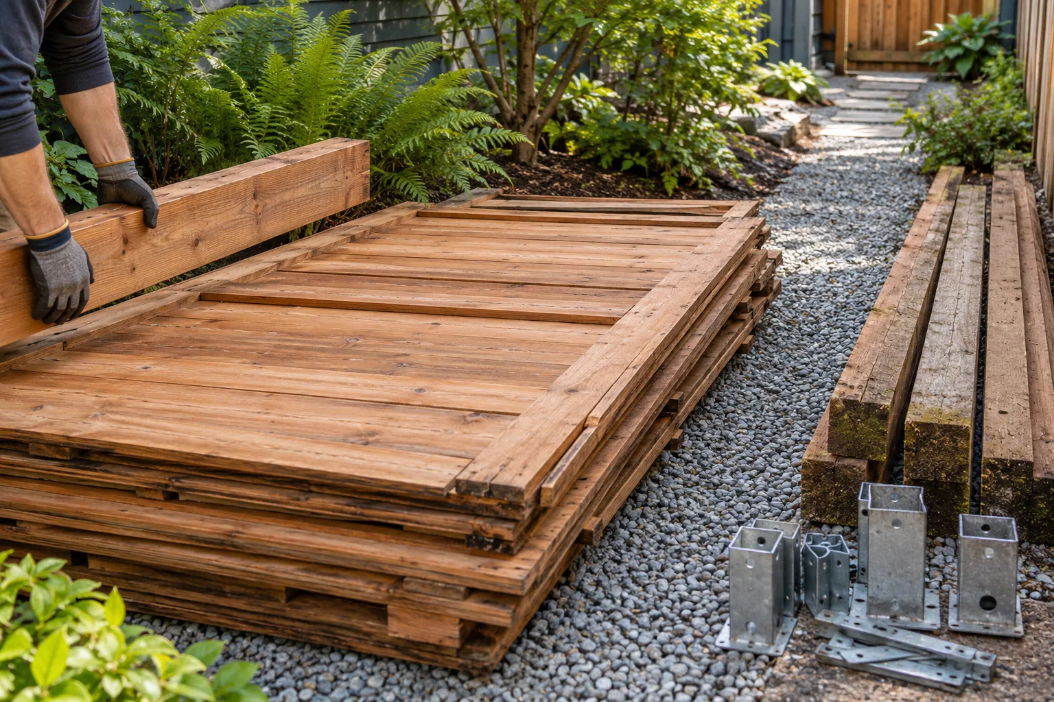 Fence panels, posts, and hardware stacked safely beside a clear path