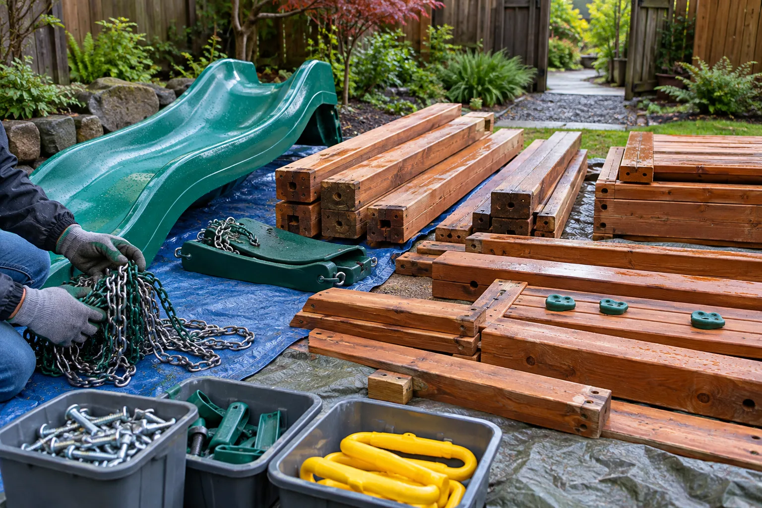 Wood beams, slide pieces, chains, and hardware sorted after playset removal
